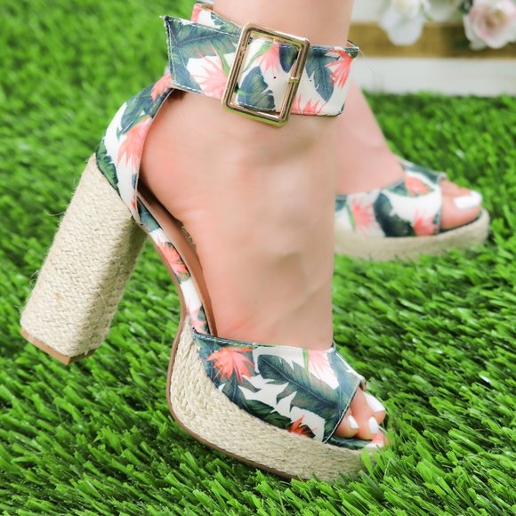 Floral Print Platform Espadrilles, Ankle Buckle - Picture 2 of 8